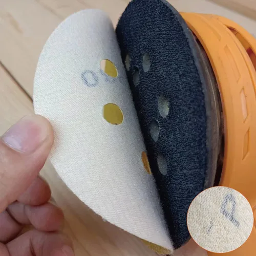 Miniatura 5 de Papel de lija orbital de 5 pulgadas, 8 agujeros, 60 granos, papel de lija de repuesto dorado húmedo y seco, apto para madera, molienda y pulido