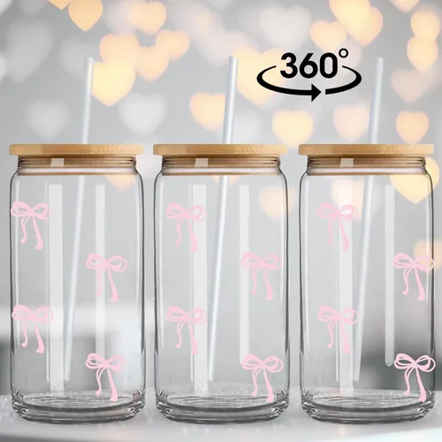 Miniatura 3 de BIPEDS Coquette Tazas de vidrio lindas con moño rosa y tapas y pajitas, taza de café helado estética, taza de diseño preppy femenino, regalos