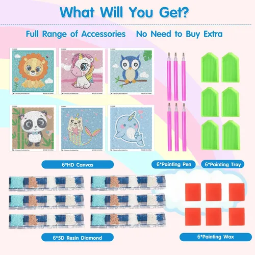 Miniatura 6 de DIYGEMDOT Paquete de 6 kits de arte de diamantes para niños, lindos animales pintura de diamantes para principiantes, arte de gemas DIY 5D para Y004