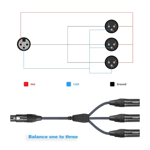 Miniatura 4 de Cable divisor en Y de 3 pines XLR hembra a 3 machos, cable divisor XLR de 3 vías, equilibrio de 1 hembra a 3 macho, cable de audio para micrófono