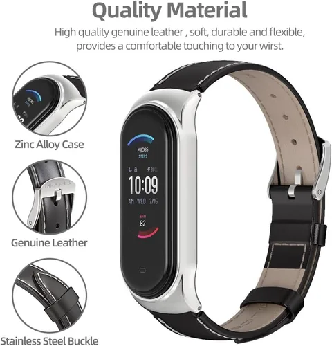 Miniatura 4 de Correa de repuesto de cuero genuino para Amazfit Band 5 Smart Bracelet Watch Accesorios Negro y plateado