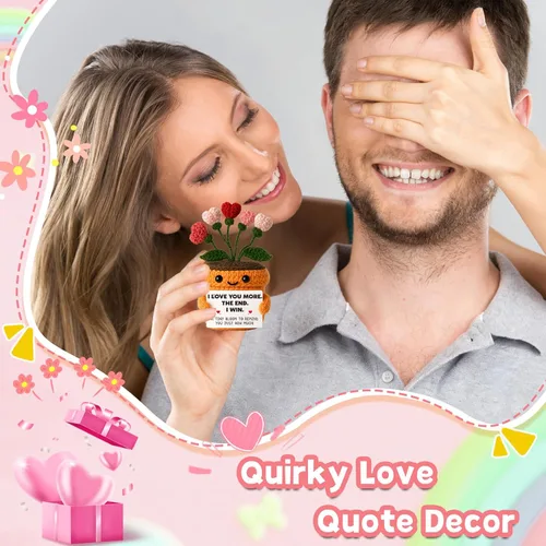 Miniatura 4 de MAMAGIFTREE Planta en maceta de ganchillo a mano con tarjeta I Love You More – Divertido ramo de corazón romántico, regalo eterno hecho a mano
