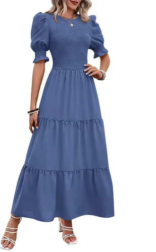 Miniatura 97 de BTFBM Vestidos para mujer, cuello redondo, casual, de verano, con volantes, manga corta, bohemio, con niveles, fruncido, largo, con estampado floral