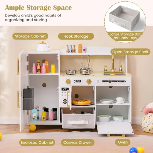 Miniatura 6 de INFANS Juego de cocina para niños, juego de juguetes de cocina de madera para niños pequeños con tablero de dibujo acrílico, máquina de hielo, Blanco
