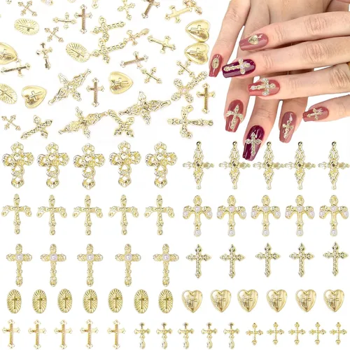 110 dijes de uñas de cruz dorada, dijes de gemas de uñas de cruces doradas, 11 estilos Y2K de aleación de cruz dorada brillante para suministros de