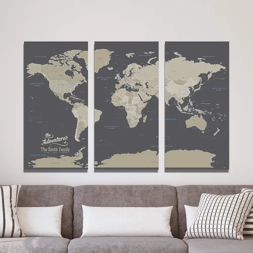Miniatura 34 de 3 paneles - Mapa de viaje colorido del mundo con alfileres en lienzo envuelto en galería, mapa de pared grande