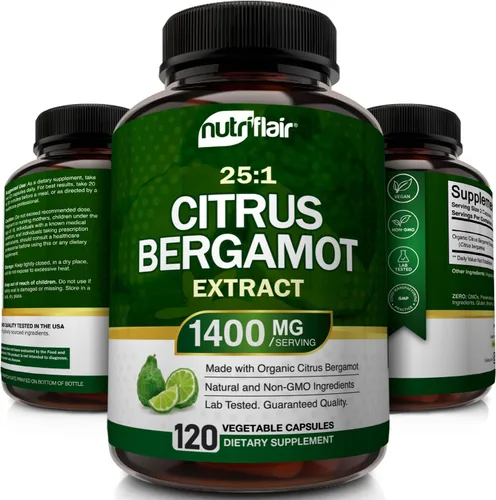 Miniatura 4 de NutriFlair Bergamota cítrica orgánica de 1400 mg, 120 cápsulas – Bergamia 25:1 – Aceite esencial y bioflavonoides cítricos – Suplementos naturales