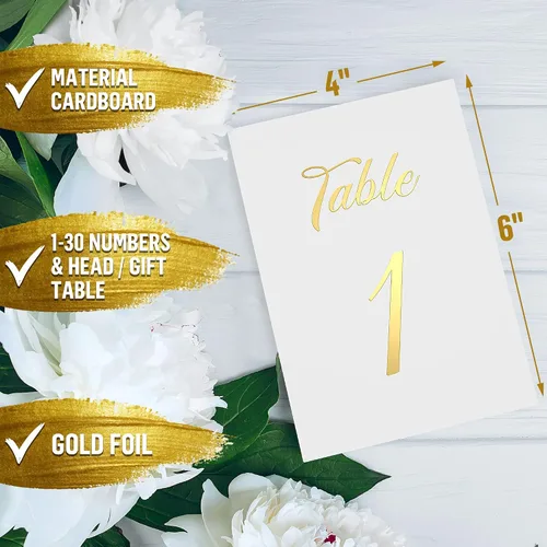 Miniatura 6 de Números de mesa dorados del 1 al 30 con 10 soportes dorados para números de mesa