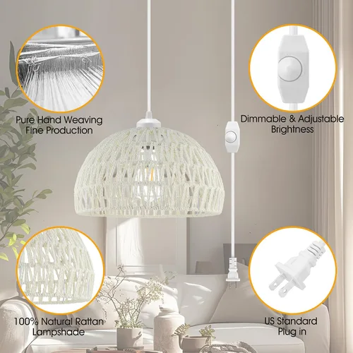 Miniatura 6 de SLYYMY Lámpara colgante enchufable, cable de cuerda de cáñamo de 15 pies, luces colgantes con cable de enchufe, lámpara colgante de ratán, pantalla