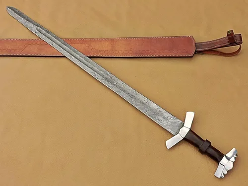 Miniatura 2 de Espada vikinga de acero de Damasco hecha a mano con mango de madera de rosa Espada medieval con vaina.