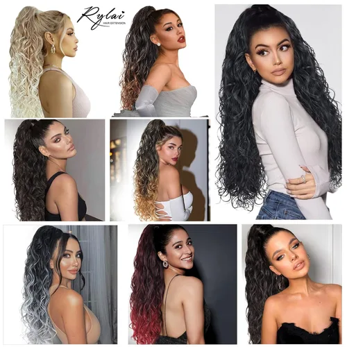 Miniatura 7 de Extensiones de cabello ombré 1B/27, cola de caballo para mujeres negras, extensiones de cola de caballo largas onduladas con cordón, extensiones