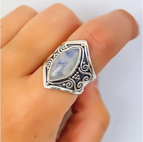 Miniatura 4 de Anillo de plata vintage de plata de ley 925 con piedra lunar natural para mujer, elegante anillo de boda con piedras preciosas, 6, Plata, Piedra