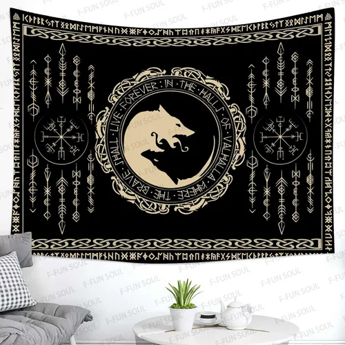 Miniatura 10 de Tapiz de los vikingos nórdicos, franela suave grande de 60 x 51 pulgadas, símbolo Vegvsir gemelos dragones, runa celta escandinava, tapiz