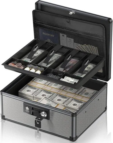 Miniatura 9 de Caja de Efectivo con Cerradura con Bandeja para Dinero y Llave, Caja Fuerte Segura para Efectivo, Caja de Dinero Portátil con Espacios