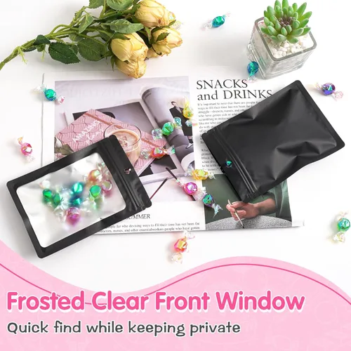 Miniatura 4 de FUNFERY - Paquete de 100 bolsas resellables de Mylar con ventana transparente esmerilada, bolsa con cremallera a prueba de olores