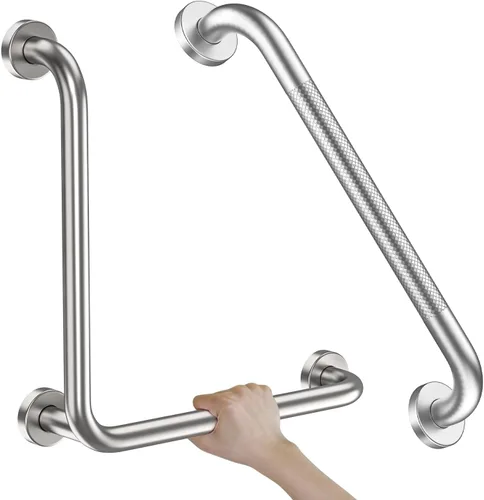Miniatura 12 de Barra de sujeción en forma de L de cromo pulido de 12x24 pulgadas + pasamanos de ducha estriado de 20 pulgadas, barra de seguridad para inodoro