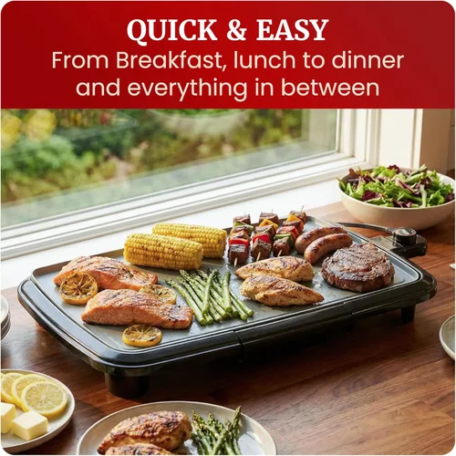 Miniatura 6 de Elite Gourmet Plancha eléctrica de 10 x 20 pulgadas, superficie antiadherente Ceralast™ de cerámica grande sin PFAS, asas de tacto frío, termostato