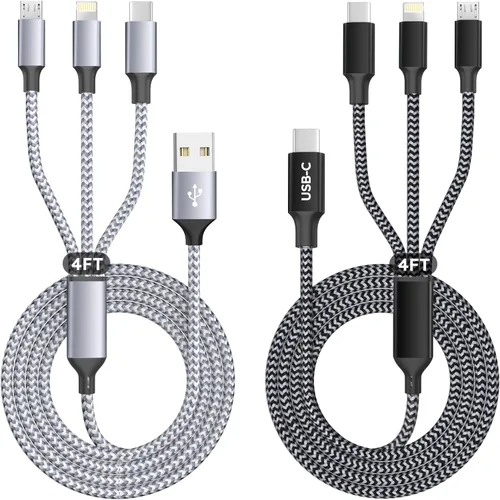Cable de carga múltiple USB A (Gris_Blanco) + Cable de carga 3 en 1 USB C (Gris_Negro), cargadores universales trenzados de nailon para múltiples