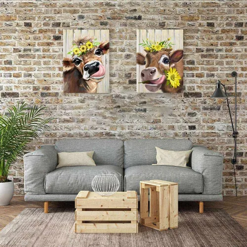 Miniatura 6 de Lienzo decorativo para pared, 2 piezas de vaca campestre con flores, girasol, lienzo, cuadros, rústico, lindo y humorístico, estampado de vaca