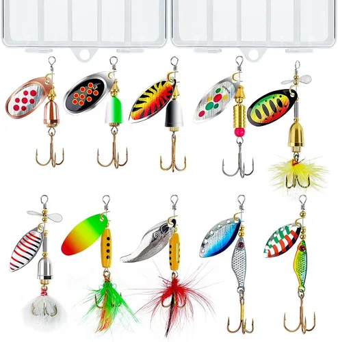 Señuelo de pesca Spinnerbait, róbalo, trucha, salmón, cebo de metal duro giratorio, set con 2 cajas de anzuelos por Tbuymax, 10 unidades