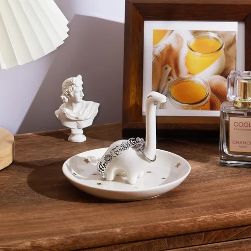 Miniatura 6 de PUDDING CABIN Soporte para anillos de dinosaurio blanco, regalos de cumpleaños para mujeres, bandeja de joyería única para anillos, aretes