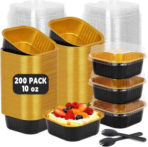 Paquete de 200 mini moldes de aluminio de 10 onzas con tapas y cucharas, moldes cuadrados desechables para hornear, moldes de aluminio aptos para