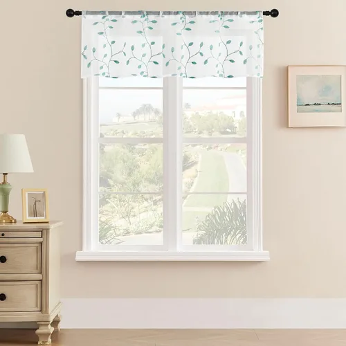 MRTREES Cenefa de cortina transparente de Navidad, 2 paneles de cortinas bordadas con hojas pequeñas de 54 x 16 pulgadas, bolsillo para barra,