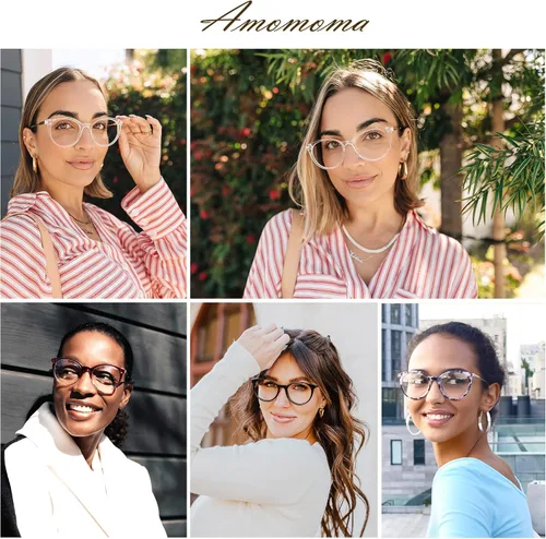 Miniatura 2 de AMOMOMA Anteojos de lectura redondos retro para mujer, lindos y elegantes con bloqueo de luz azul, AM6055, transparente/dorado y gris tortuga/dorado