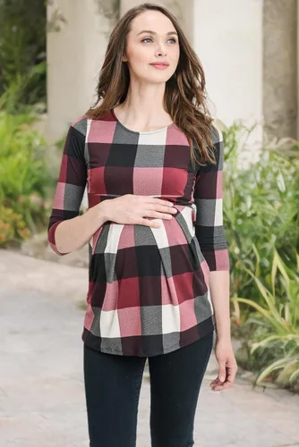 Miniatura 51 de LaClef - Blusa de maternidad para mujer, cuello redondo, manga 3/4, plisada al frente, estilo peplum