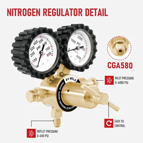 Miniatura 2 de RX WELD Regulador de nitrógeno con 0-800 PSI, entrada CGA580, equipo de presión de entrega, medidores de conexión de entrada y salida de latón