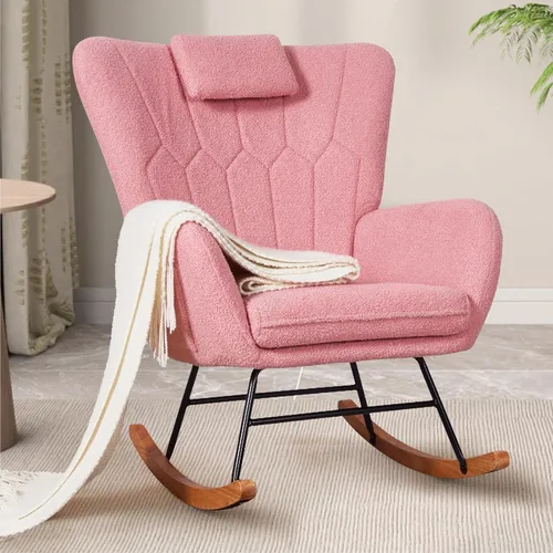VECELO Mecedora para guardería con reposacabezas grueso, moderno sillón tapizado de lectura con respaldo alto, asiento acolchado, bolsillo lateral,