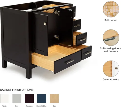 Miniatura 6 de ARIEL Cambridge - Mueble base de tocador de baño de 36 pulgadas, madera maciza, 2 puertas de cierre suave, 5 cajones de cola de milano