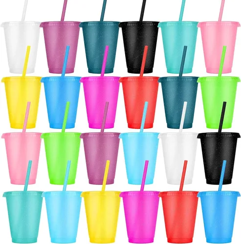 24 Piezas Vasos de Plástico con Tapas y Pajitas, Vasos Reutilizables con Tapas Vasos Coloridos de Plástico para Fiesta de Cumpleaños, Taza de Café