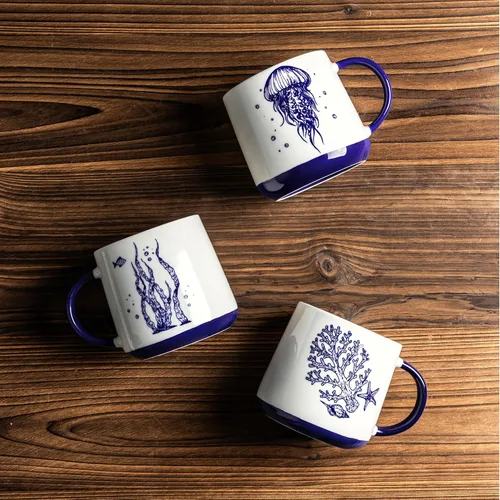 Miniatura 2 de AmorArc Juego de 4 tazas de café grandes de cerámica de 16 onzas con patrones de vida marina para té, café con leche y cacao. Fácil de sostener