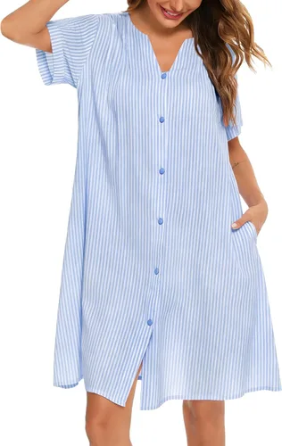 YOZLY - Vestido para el hogar con botones para mujer, de algodón, tipo camisón, bata de manga corta y holgada