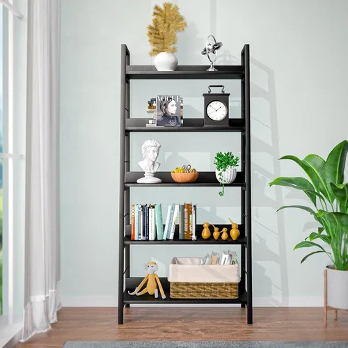 Miniatura 7 de Himimi Estantería de escalera negra alta y estante para libros de 5 niveles, estante industrial moderno de madera con marco de metal, estante