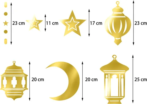 Miniatura 4 de Guirnalda dorada de Ramadán con decoración de fiesta de estrellas y luna, 12 piezas de decoración colgante de estrella, serpentinas, farol
