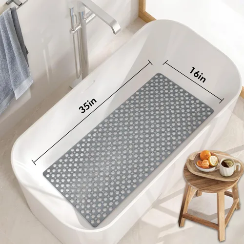Miniatura 7 de Tiamo Tapete TPE para bañera y ducha, tapete grande de 35 x 16 pulgadas, antideslizante, lavable a máquina con agujeros de drenaje, ventosas