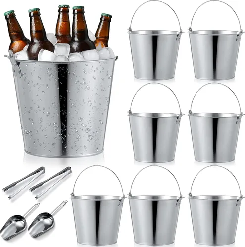 Mumufy Juego de 12 cubos de cerveza de metal grande de 10 l, 8 cubos de hielo de metal galvanizado con 2 palas de hielo y 2 pinzas, lata plateada