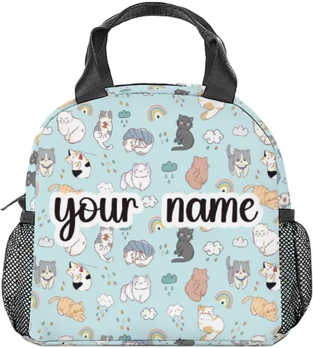 Miniatura 10 de Lonchera para gatos y adolescentes, lonchera aislada para niñas, bonita lonchera azul con bolsillos, bolsa de almuerzo reutilizable mediana