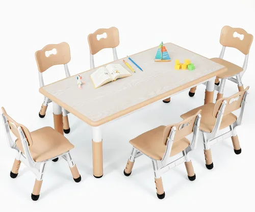 Miniatura 10 de Arlopu Juego de mesa y 6 sillas para niños, escritorio de graffiti ajustable en altura, mesa de manualidades para actividades preescolares, para Azul