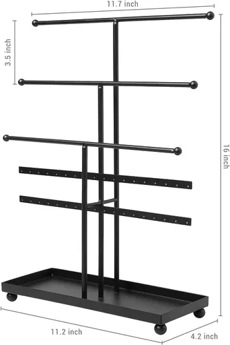 Miniatura 6 de MyGift Moderno soporte organizador de joyas de metal de 3 niveles, exhibición de almacenamiento de joyas negro mate con bandeja para anillos, 18