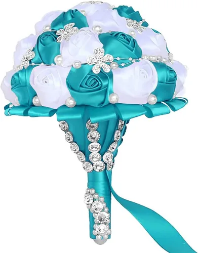 Miniatura 30 de Sharebeauty Ramo de novia de satén hecho a mano de 5.9 pulgadas, ramo de boda, ramo de flores artificiales, color azul claro + blanco W224