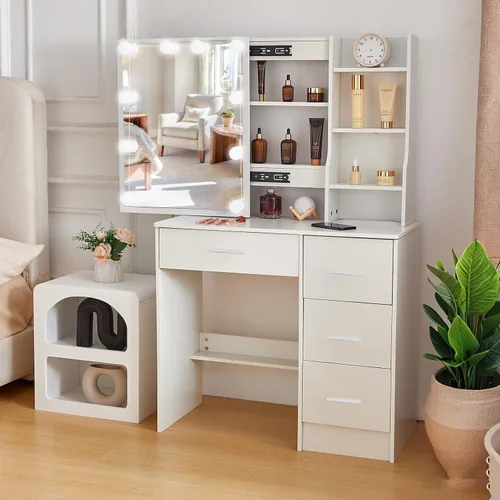 Miniatura 17 de Escritorio blanco cálido con espejo iluminado LED, mesa de tocador de maquillaje con armario izquierdo iluminado, 6 cajones y taburete, tocador