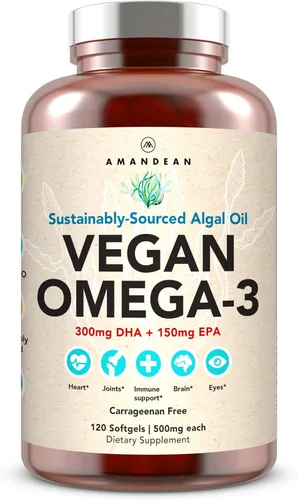 AMANDEAN Suplemento vegano de Omega 3. Alternativa premium al aceite de pescado. DHA y EPA de algas. Cápsulas blandas libres de carragenina. Ácidos