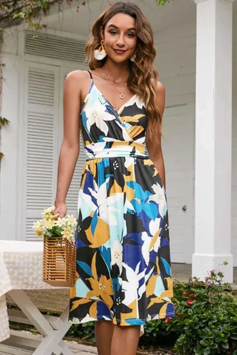 Miniatura 4 de Ouges Vestido corto de verano para mujer, con cuello en V, tirantes delgados, estampado floral y bolsillos, de fiesta