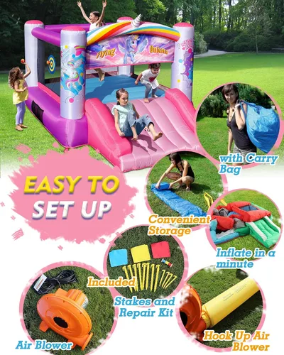 Miniatura 5 de Action Air Casa hinchable de princesa inflable con soplador, casa hinchable rosa para niñas, castillo hinchable con temática de unicornio volador