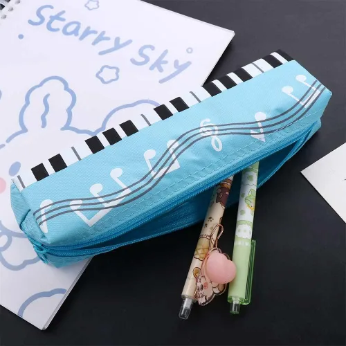 Miniatura 6 de Estuche de tela Oxford, cuadrado de una sola capa, notas musicales, teclado de piano, estuche para lápices de gran capacidad, bolsas para Azul