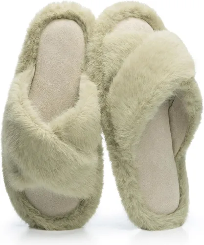 Miniatura 16 de Pantuflas mullidas para mujer, con banda cruzada, zapatos de casa para mujer, espuma viscoelástica, puntera abierta, silenciosas