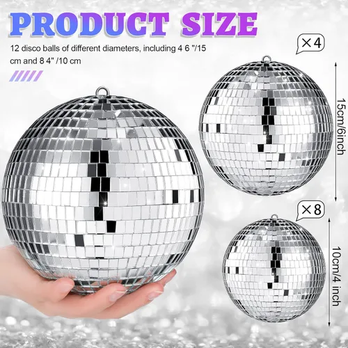 Miniatura 3 de Libima Paquete de 12 Bolas de Discoteca Grandes de Navidad Decoración de Diferentes Tamaños Espejo Plateado Colgantes Adornos de Bola de Discoteca